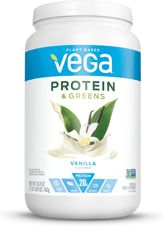 Vega Protein and Greens Vanilla Shake - Vegan Plant Based Protein Powder (25 Servings, 26.8 oz), Gluten Free, Non Dairy, Non Soy, Non GMO
