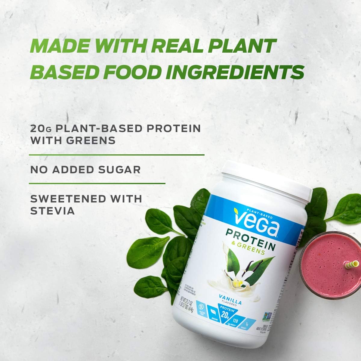 Vega Salted Caramel Protein and Greens Powder - 20g Plant Based Protein, Low Carb, Keto, Dairy & Gluten Free - Non GMO Pea Protein for Women/Men - 1.1lb (17 Servings)