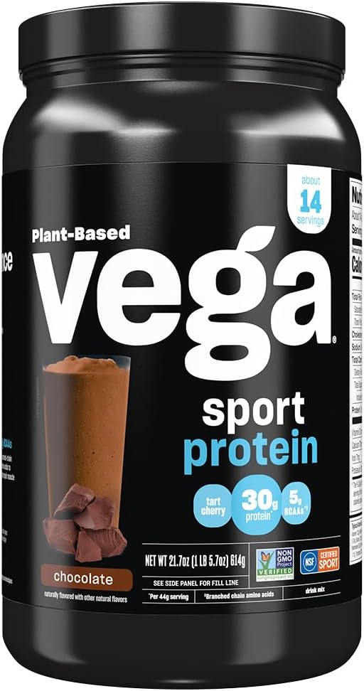 Vega Sport Chocolate Protein Powder - Plant-Based Vegan Protein with BCAAs, Amino Acids, Tart Cherry, 14 Servings, 21.7 oz