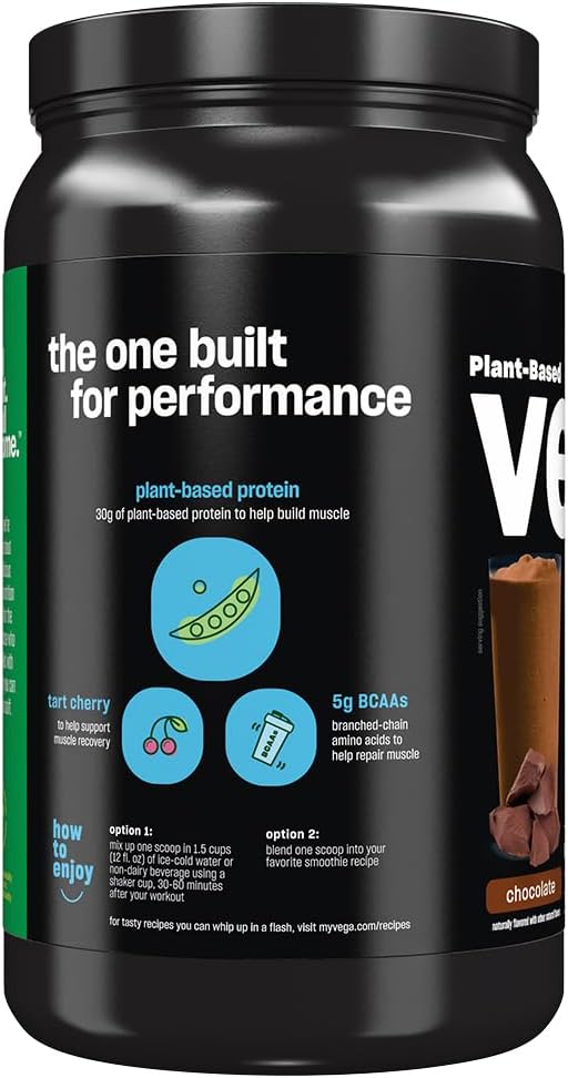 Vega Sport Chocolate Protein Powder - Plant-Based Vegan Protein with BCAAs, Amino Acids, Tart Cherry, 14 Servings, 21.7 oz