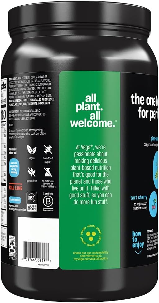 Vega Sport Chocolate Protein Powder - Plant-Based Vegan Protein with BCAAs, Amino Acids, Tart Cherry, 14 Servings, 21.7 oz