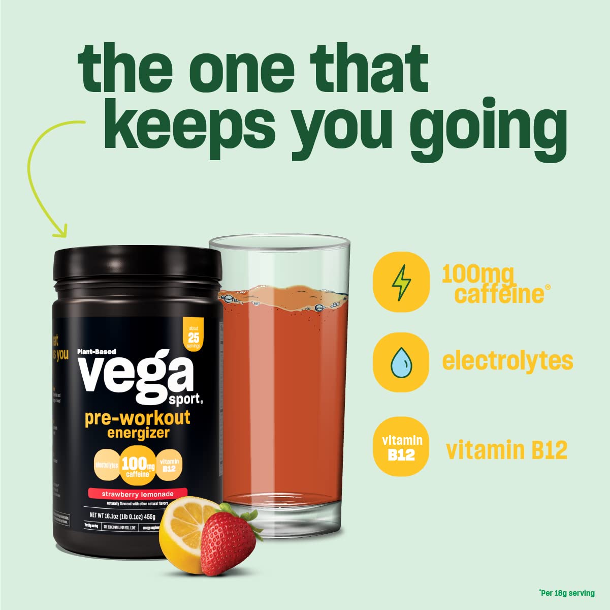 Vega Sport Pre-Workout Energizer, Berry Flavor - Energy Boosting Powder for Men & Women, Supports Focus, Electrolytes, Vegan, Keto, Gluten Free, Non GMO, 1.1 lbs