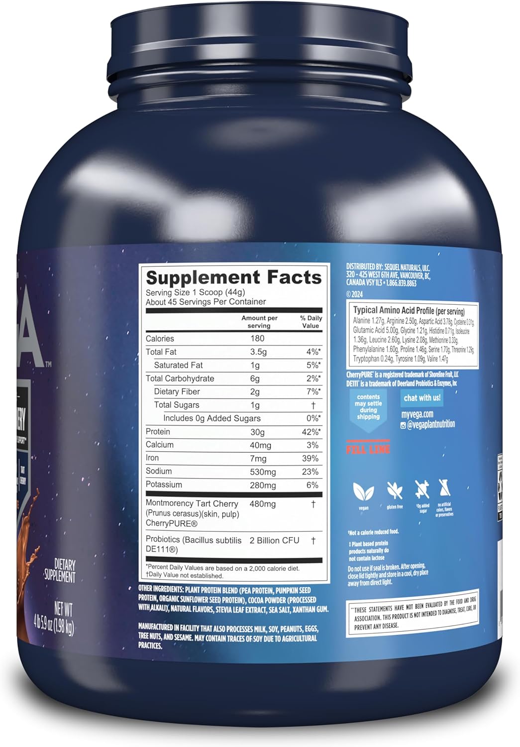 Vega Sport Premium Chocolate Vegan Protein Powder - 30g Plant Based Protein, 5g BCAAs, Dairy and Gluten Free - 4lbs 5.9oz (45 Servings)