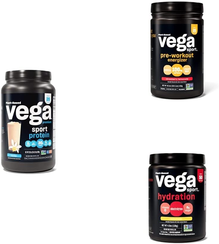Vega Sport Premium Vanilla Protein Powder, Strawberry Lemonade Preworkout Energizer, and Lemonade Electrolyte Hydration Bundle - 20, 25, and 50 Servings respectively