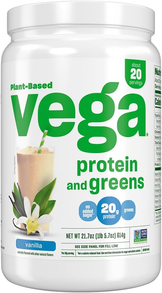 Vega Vanilla Protein and Greens Powder: 20g Plant-Based Protein with Veggies, Non-GMO, Vegan, Pea Protein - 21.7 oz