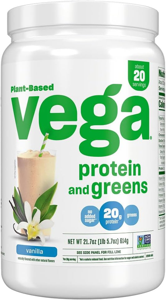Vega Vanilla Protein and Greens Powder: 20g Plant-Based Protein with Veggies, Non-GMO, Vegan, Pea Protein - 21.7 oz