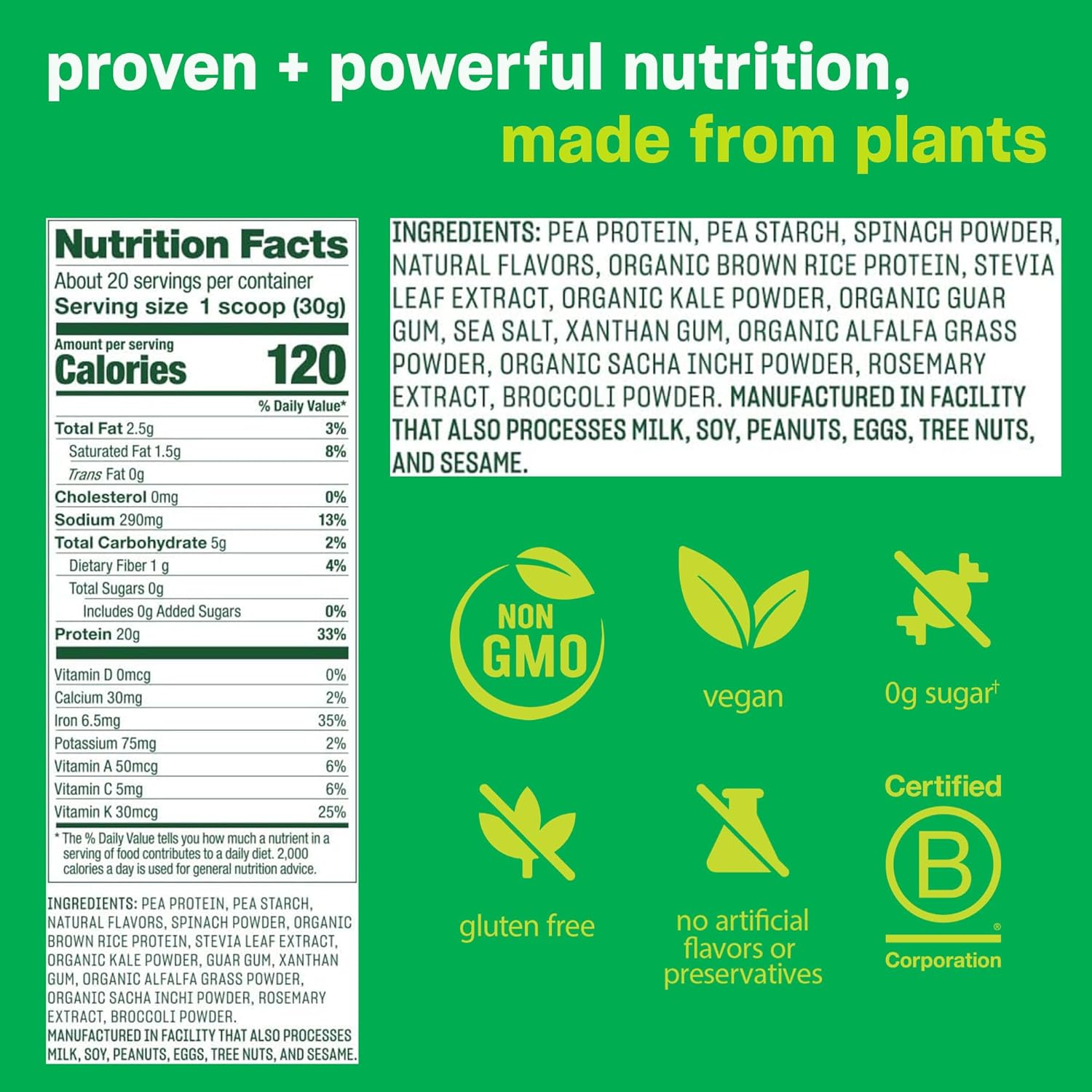 Vega Vanilla Protein and Greens Powder: 20g Plant-Based Protein with Veggies, Non-GMO, Vegan, Pea Protein - 21.7 oz