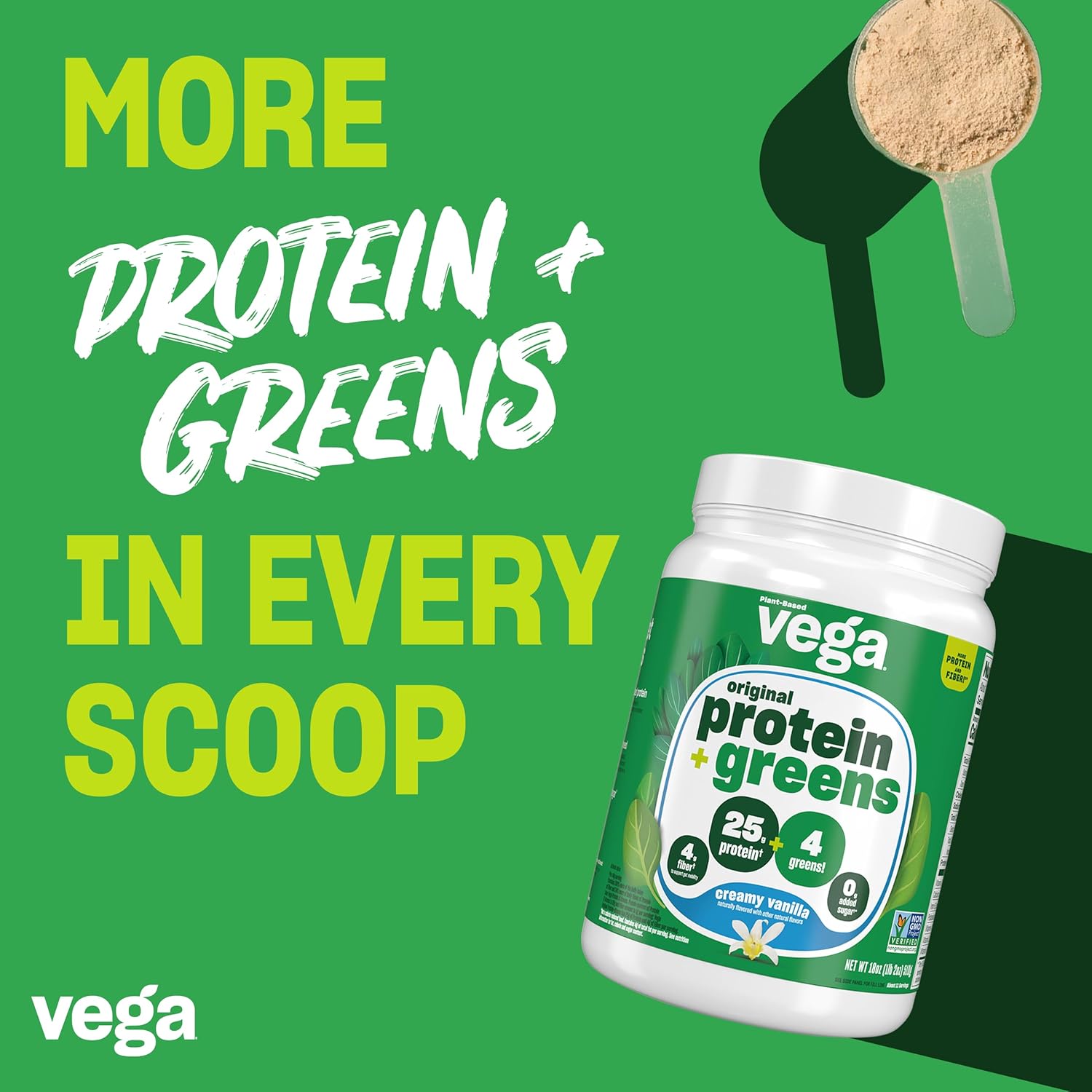 Vega Vanilla Protein and Greens Powder: 20g Plant-Based Protein with Veggies, Non-GMO, Vegan, Pea Protein - 21.7 oz