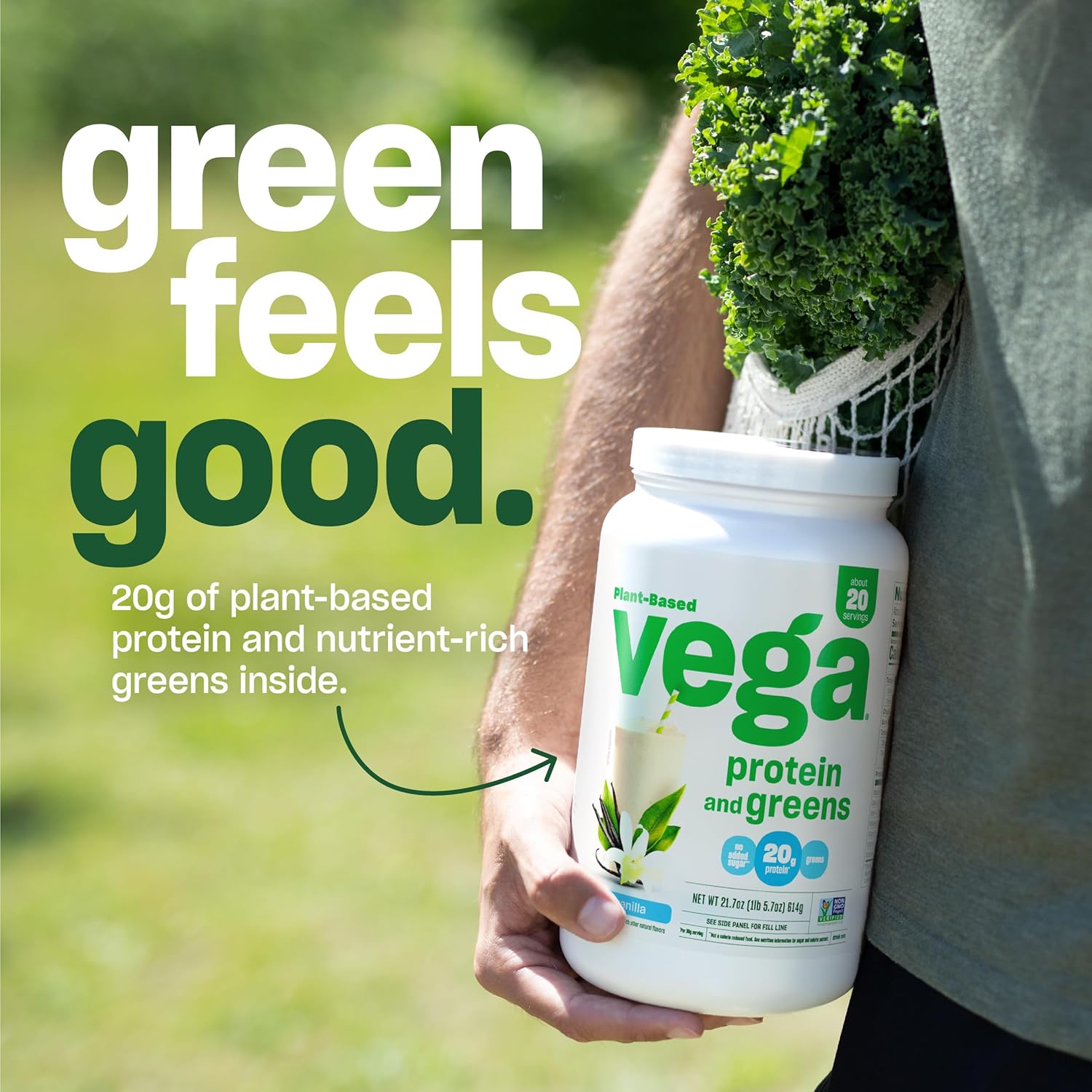 Vega Vanilla Protein and Greens Powder: 20g Plant-Based Protein with Veggies, Non-GMO, Vegan, Pea Protein - 21.7 oz