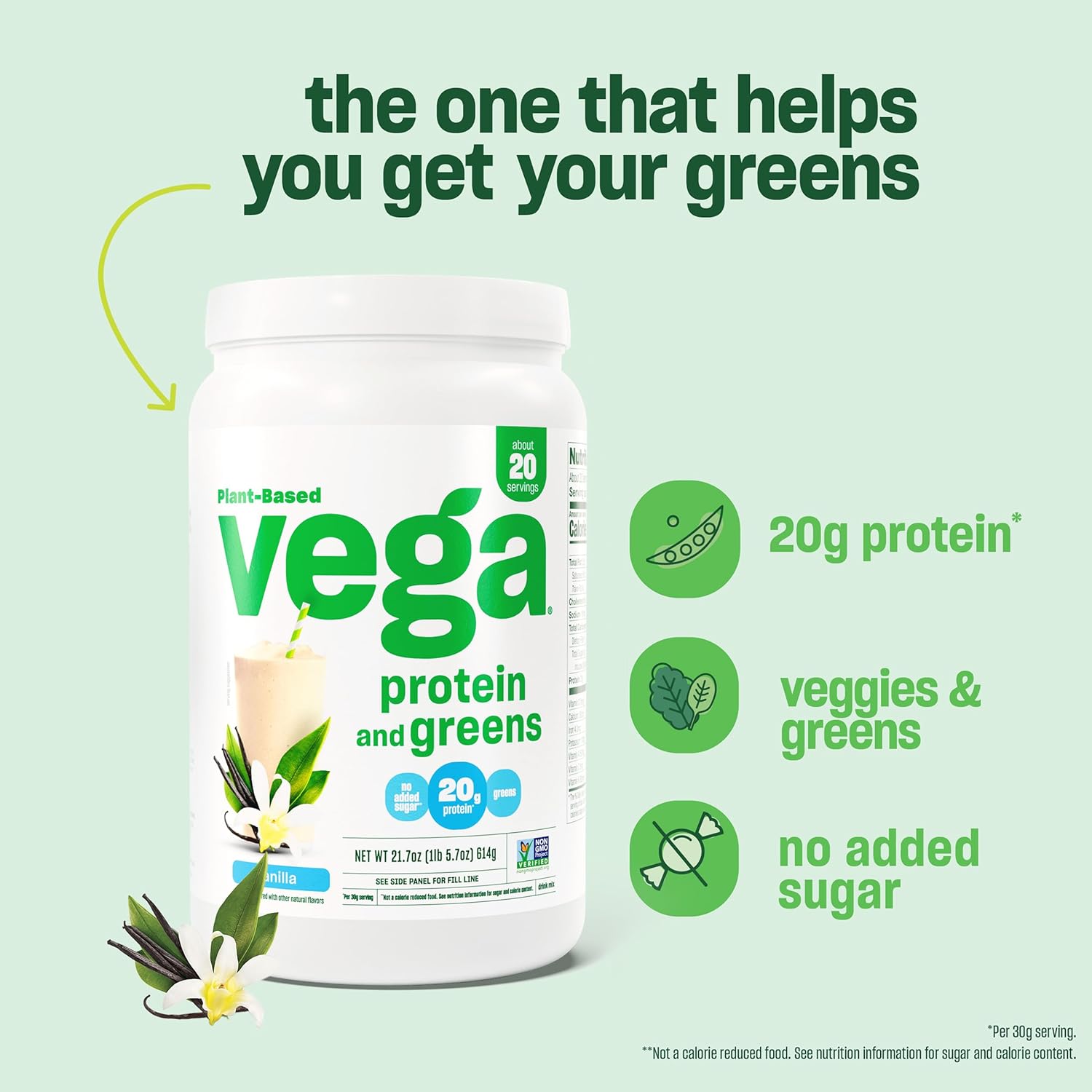Vega Vanilla Protein and Greens Powder: 20g Plant-Based Protein with Veggies, Non-GMO, Vegan, Pea Protein - 21.7 oz