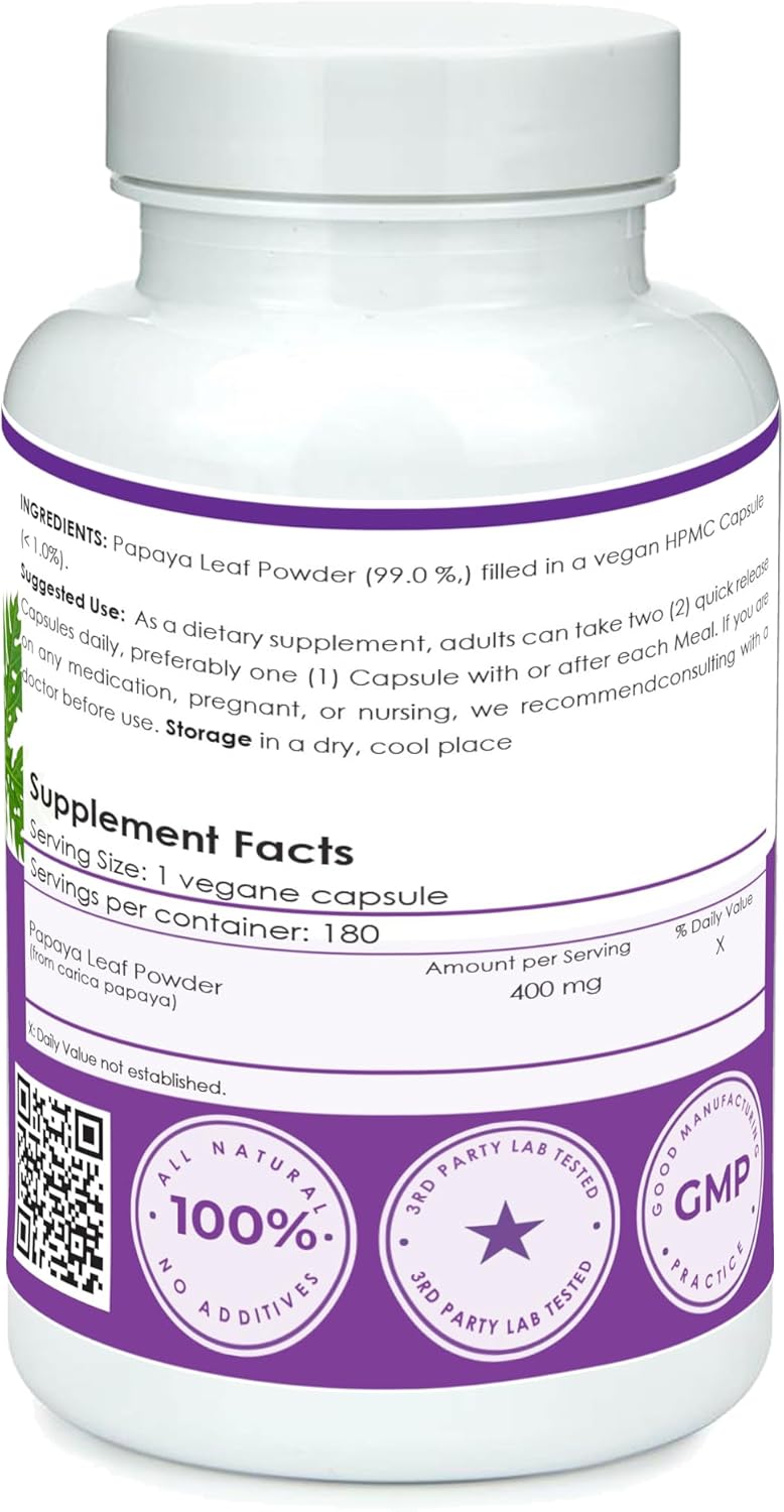 Vegaddict Papaya Leaf Powder Capsules - Platelet Support Supplement (180 Count)
