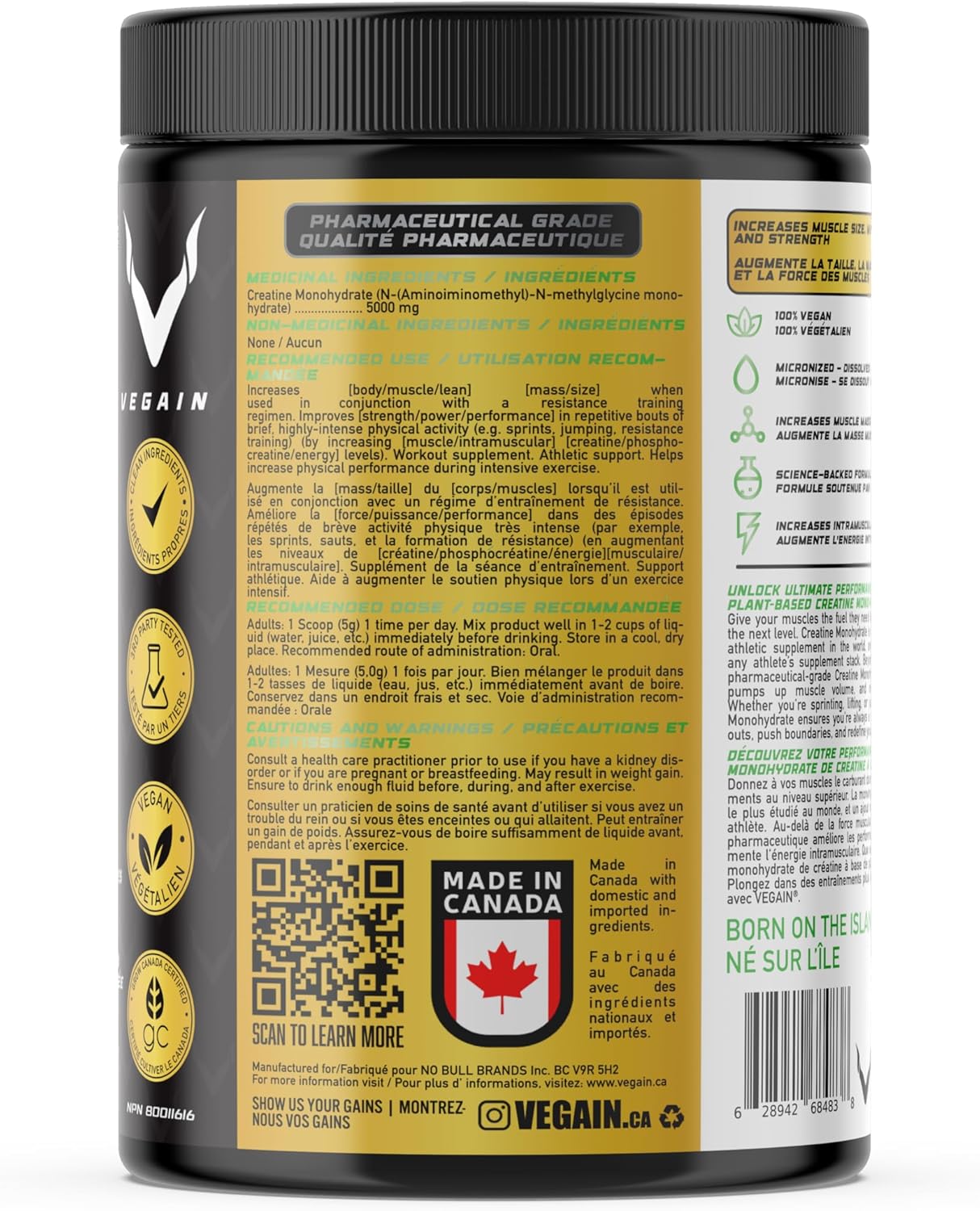 VEGAIN Micronized Creatine Monohydrate Powder - 60 Servings, Pharmaceutical Grade, Muscle Builder, Vegan, 300g