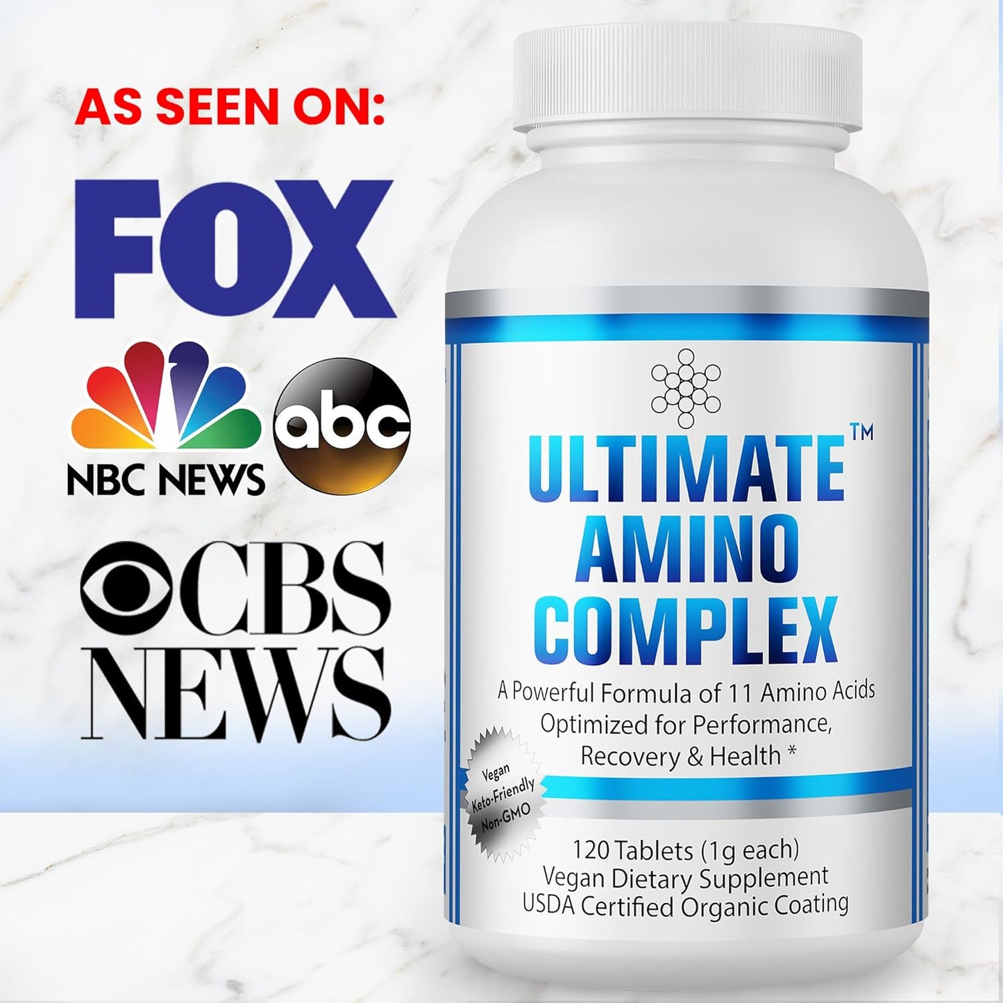 Vegan 120-Tablet Amino Acid Complex Supplement for Energy, Muscle Recovery & Lean Muscle - 9 Essential Amino Acids with Cystine & Tyrosine - Flavorless, Easy-to-Swallow Tablets - Non-GMO