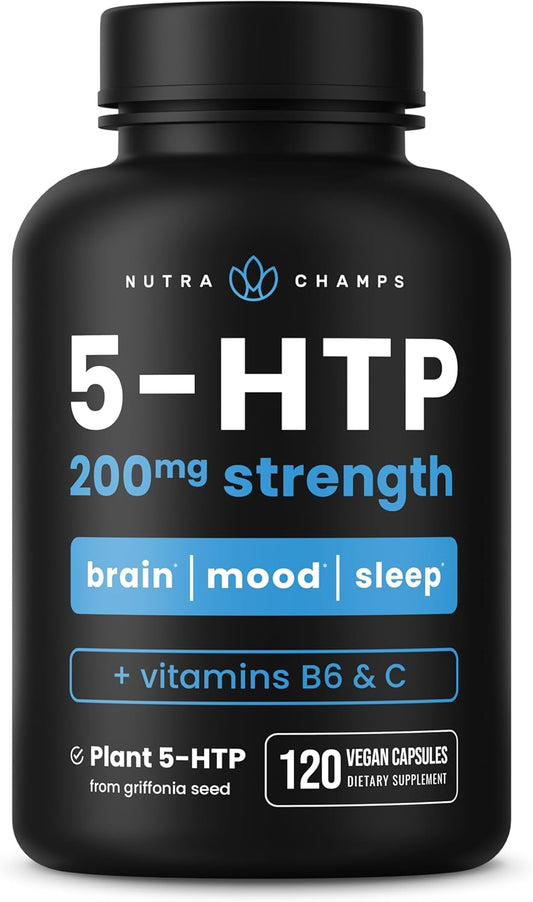 Vegan 5-HTP Capsules with Vitamin B6 & C - 120 Count, 200mg Formula