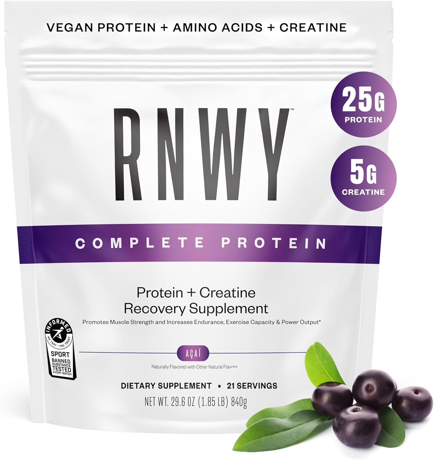 Vegan Acai Protein Powder with Creatine Monohydrate & Digestive Enzymes - Build & Recover, 21 Servings