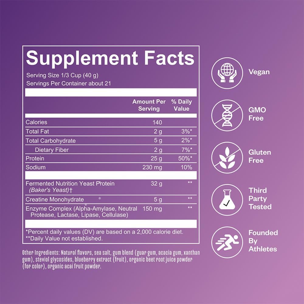 Vegan Acai Protein Powder with Creatine Monohydrate & Digestive Enzymes - Build & Recover, 21 Servings
