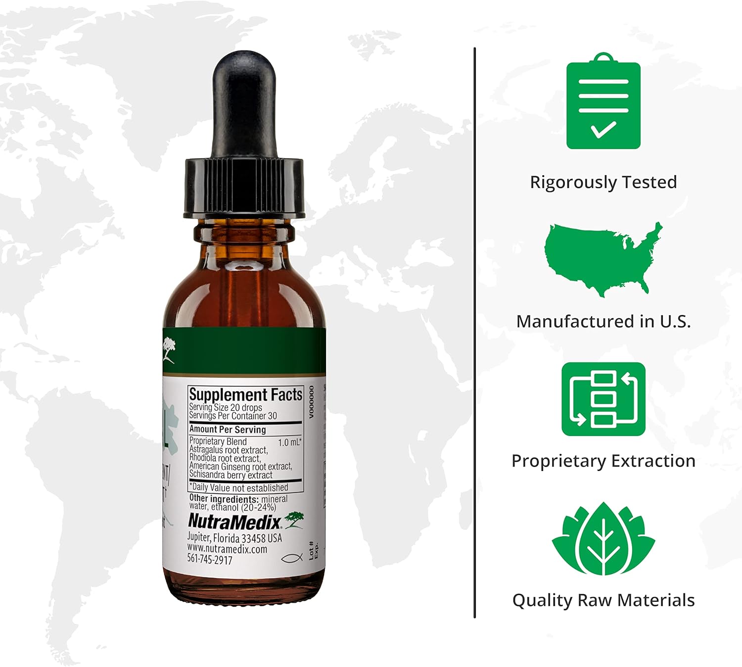 Vegan Adaptogen Blend for Energy Support and Stress Relief - NutraMedix Adrenal Fatigue Supplement with Astragalus, Schisandra, Rhodiola, and Ginseng Extract (1oz / 30ml)