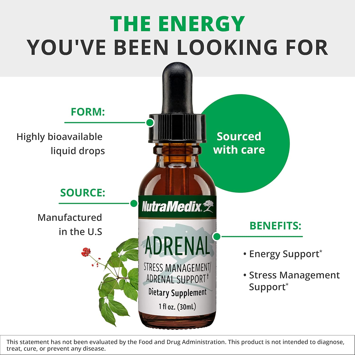 Vegan Adaptogen Blend for Energy Support and Stress Relief - NutraMedix Adrenal Fatigue Supplement with Astragalus, Schisandra, Rhodiola, and Ginseng Extract (1oz / 30ml)