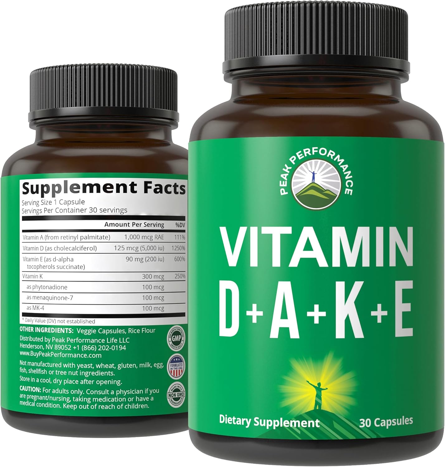 Vegan ADK Vitamin Supplement for Peak Performance - Vitamin D3, K2, A, E, & K in One Capsule - Essential for Mood, Immune, Bone, Vision, Heart Health