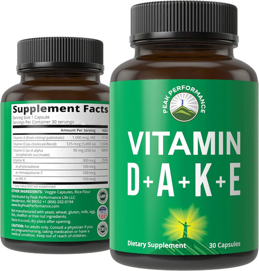 Vegan ADK Vitamin Supplement for Peak Performance - Vitamin D3, K2, A, E, & K in One Capsule - Essential for Mood, Immune, Bone, Vision, Heart Health