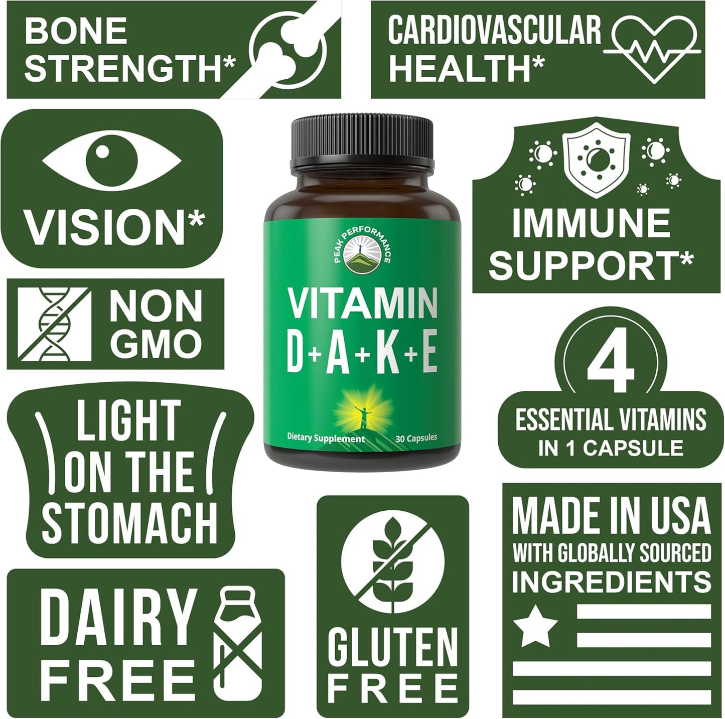 Vegan ADK Vitamin Supplement for Peak Performance - Vitamin D3, K2, A, E, & K in One Capsule - Essential for Mood, Immune, Bone, Vision, Heart Health