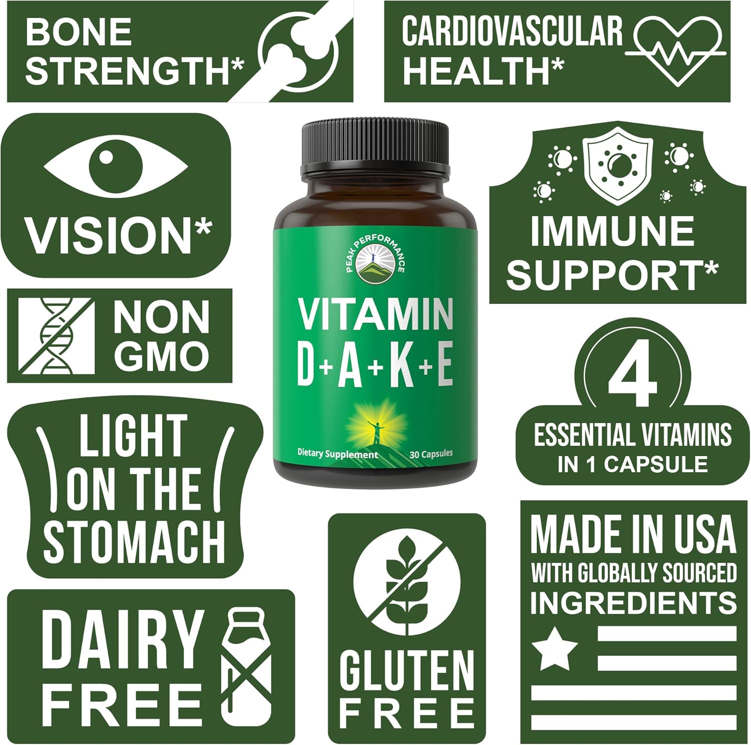 Vegan ADK Vitamin Supplement for Peak Performance - Vitamin D3, K2, A, E, & K in One Capsule - Essential for Mood, Immune, Bone, Vision, Heart Health