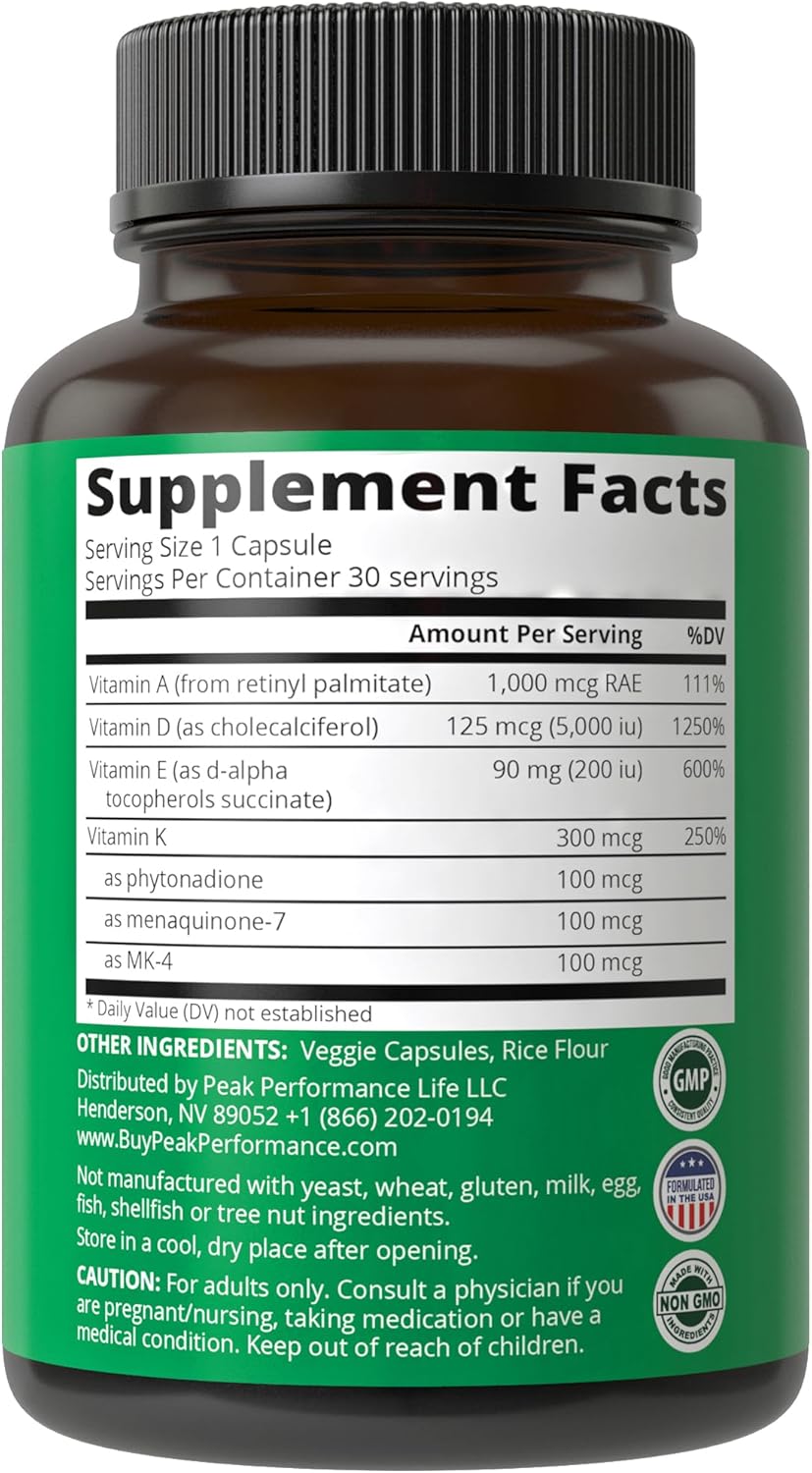 Vegan ADK Vitamin Supplement for Peak Performance - Vitamin D3, K2, A, E, & K in One Capsule - Essential for Mood, Immune, Bone, Vision, Heart Health