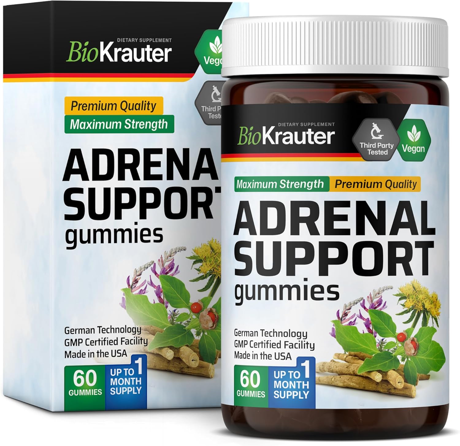 Vegan Adrenal Support Gummies with Rhodiola, Ashwagandha, and Vitamins - 60 Chews for Mood Support
