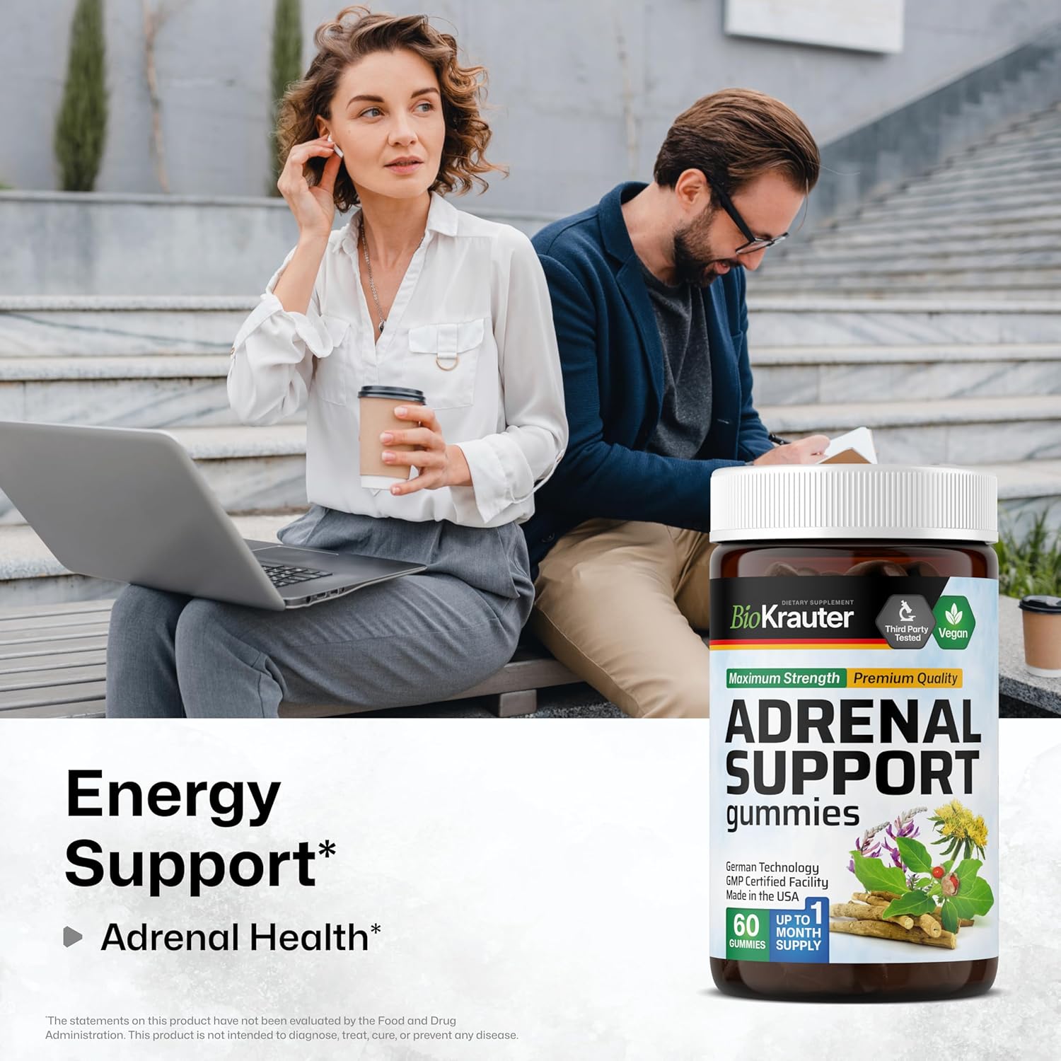 Vegan Adrenal Support Gummies with Rhodiola, Ashwagandha, and Vitamins - 60 Chews for Mood Support