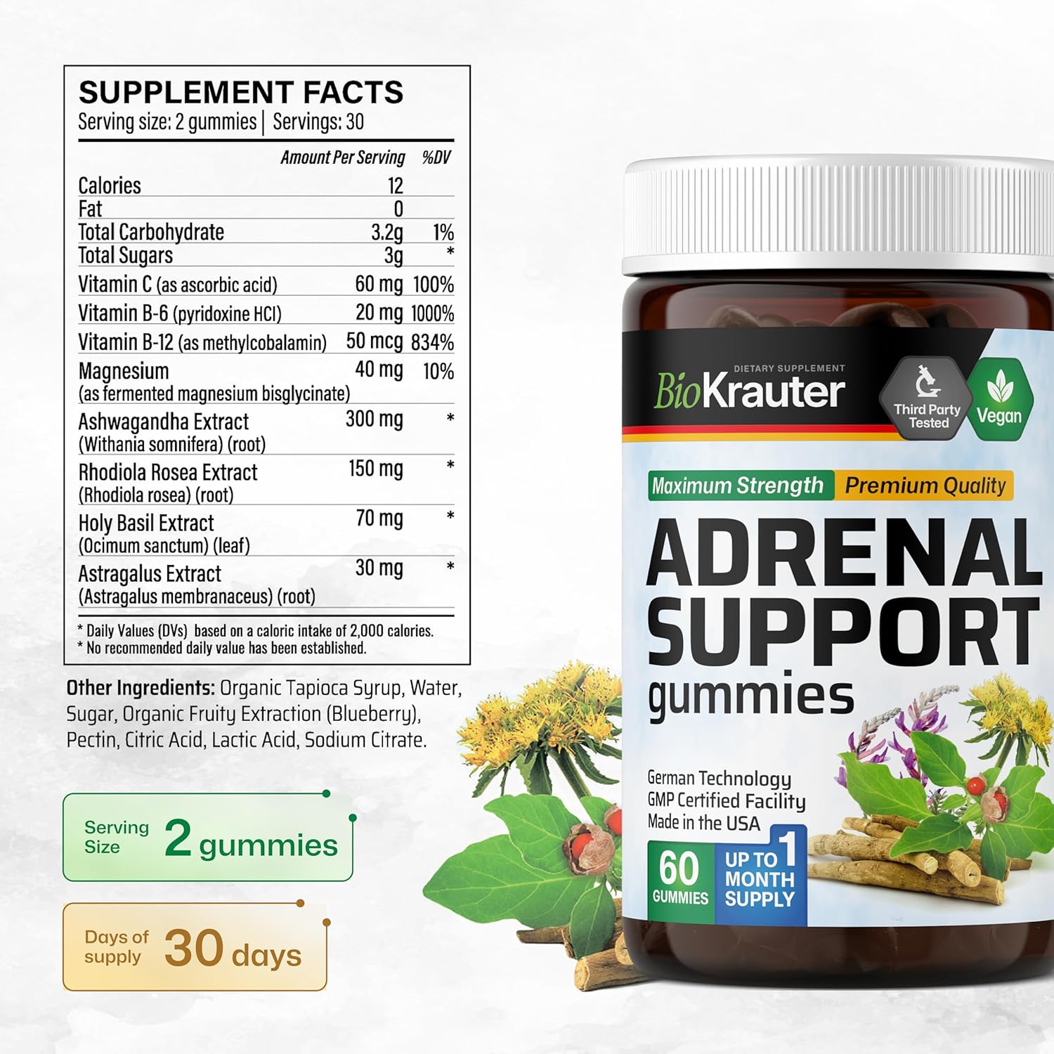 Vegan Adrenal Support Gummies with Rhodiola, Ashwagandha, and Vitamins - 60 Chews for Mood Support