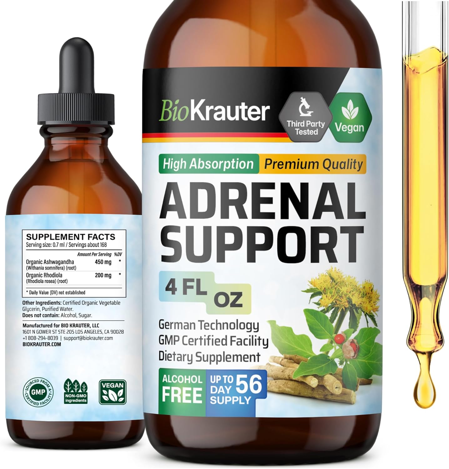 Vegan Adrenal Support Tincture with Rhodiola & Ashwagandha - Mood Support Drops 4 Fl.Oz.