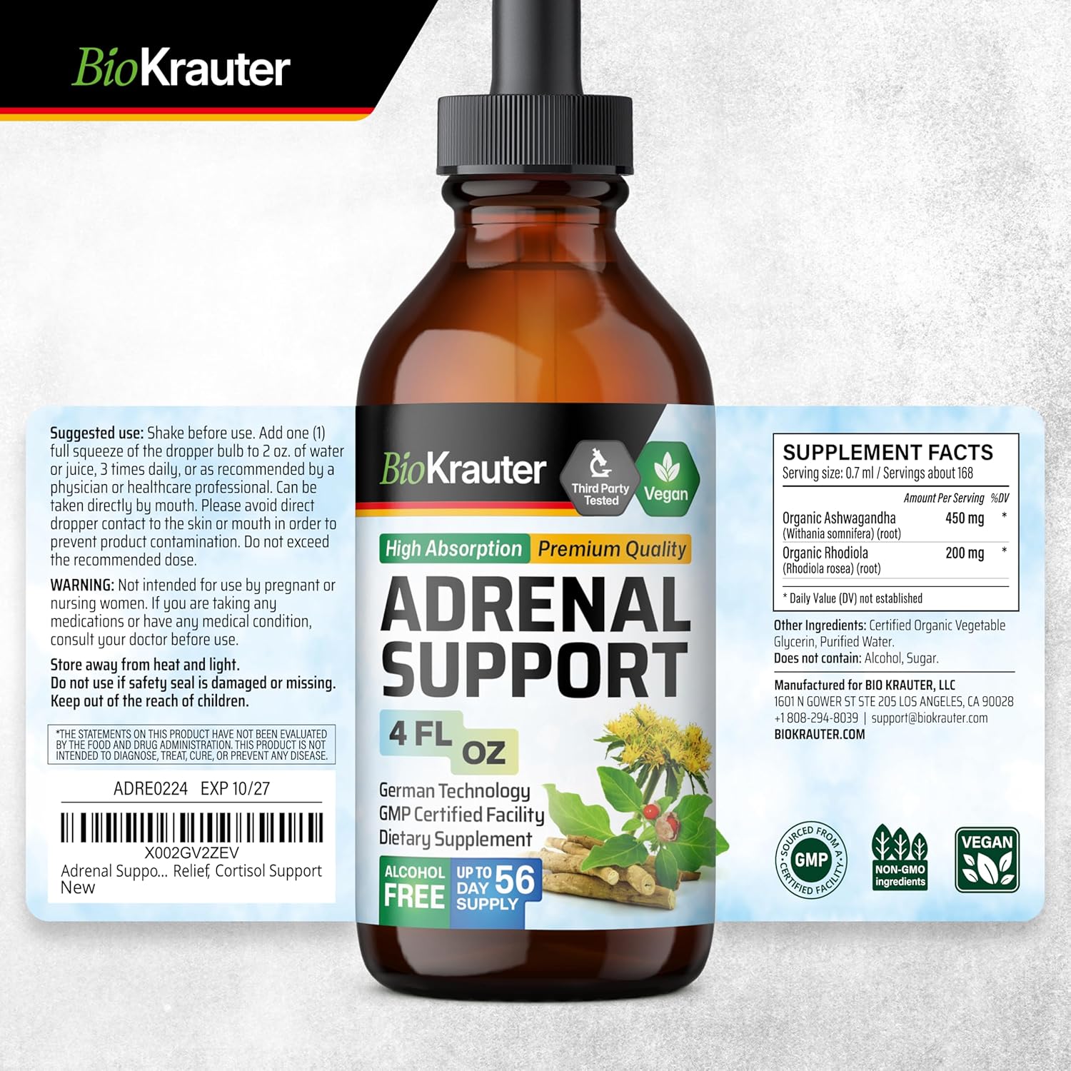 Vegan Adrenal Support Tincture with Rhodiola & Ashwagandha - Mood Support Drops 4 Fl.Oz.