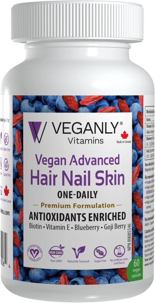 Vegan Advanced Hair, Skin, and Nail Vitamins with Biotin & Antioxidants - 60 Veggie Capsules - Plant Based Superfood Formula for Healthy Hair, Skin, and Nails