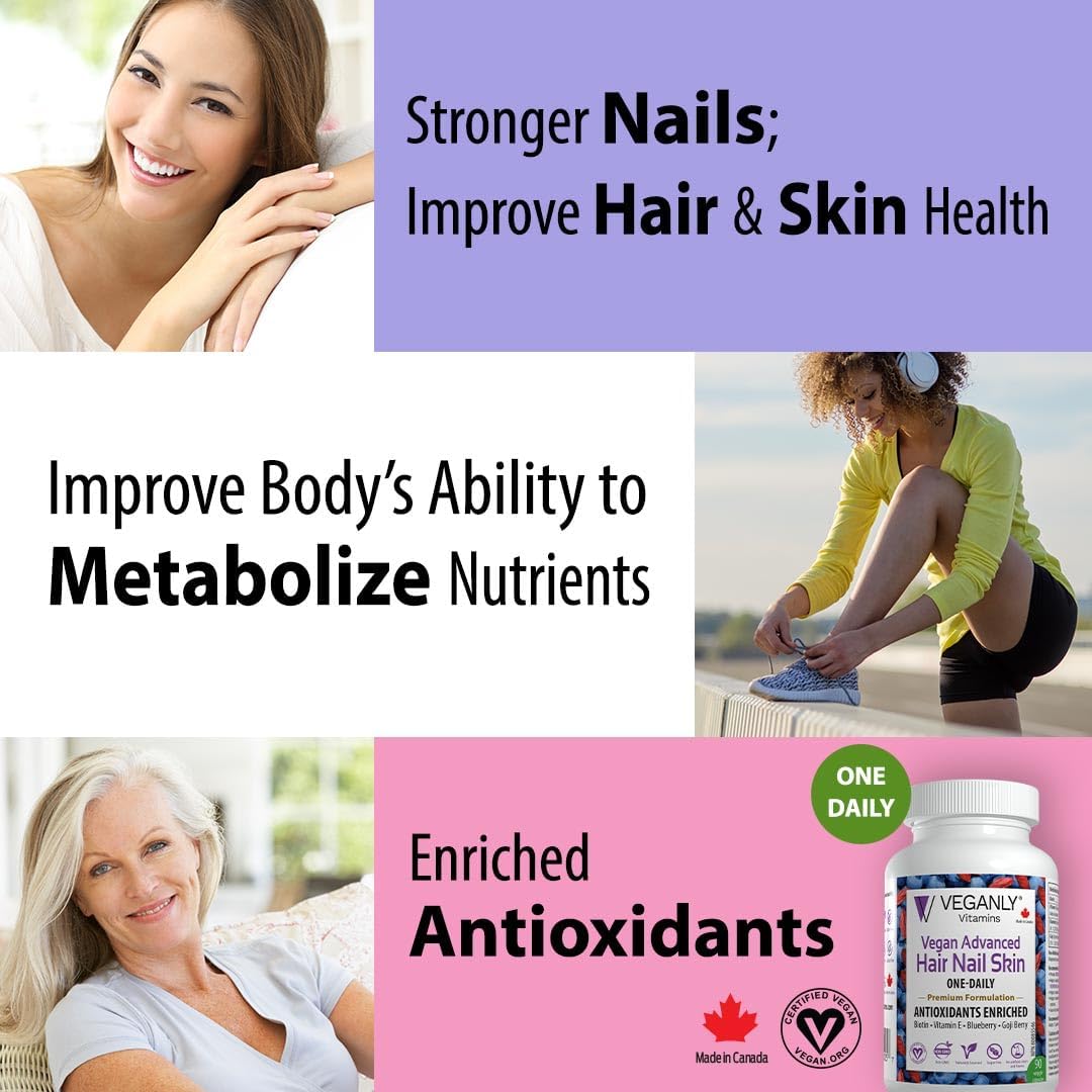 Vegan Advanced Hair, Skin, and Nail Vitamins with Biotin & Antioxidants - 60 Veggie Capsules - Plant Based Superfood Formula for Healthy Hair, Skin, and Nails