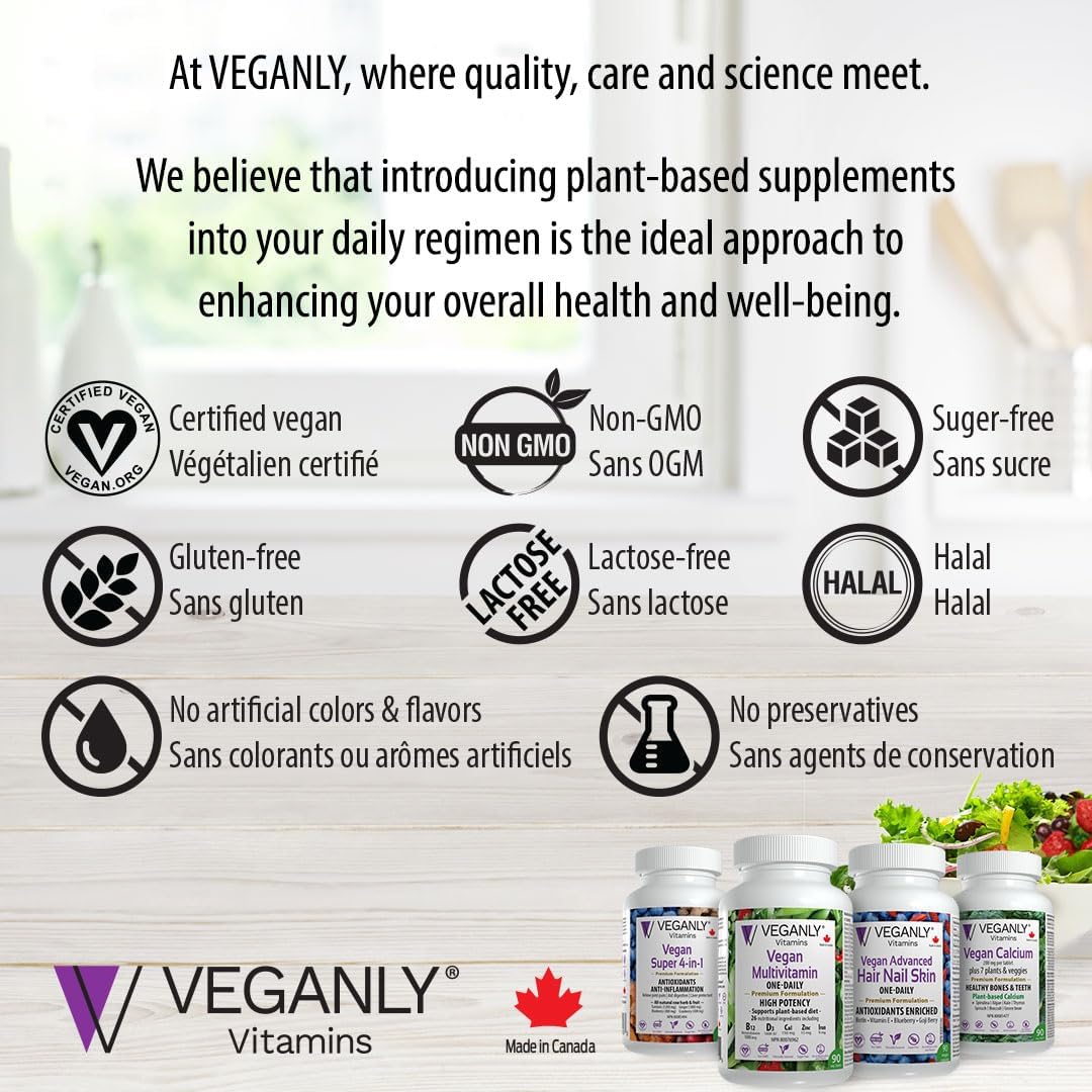 Vegan Advanced Hair, Skin, and Nail Vitamins with Biotin & Antioxidants - 60 Veggie Capsules - Plant Based Superfood Formula for Healthy Hair, Skin, and Nails