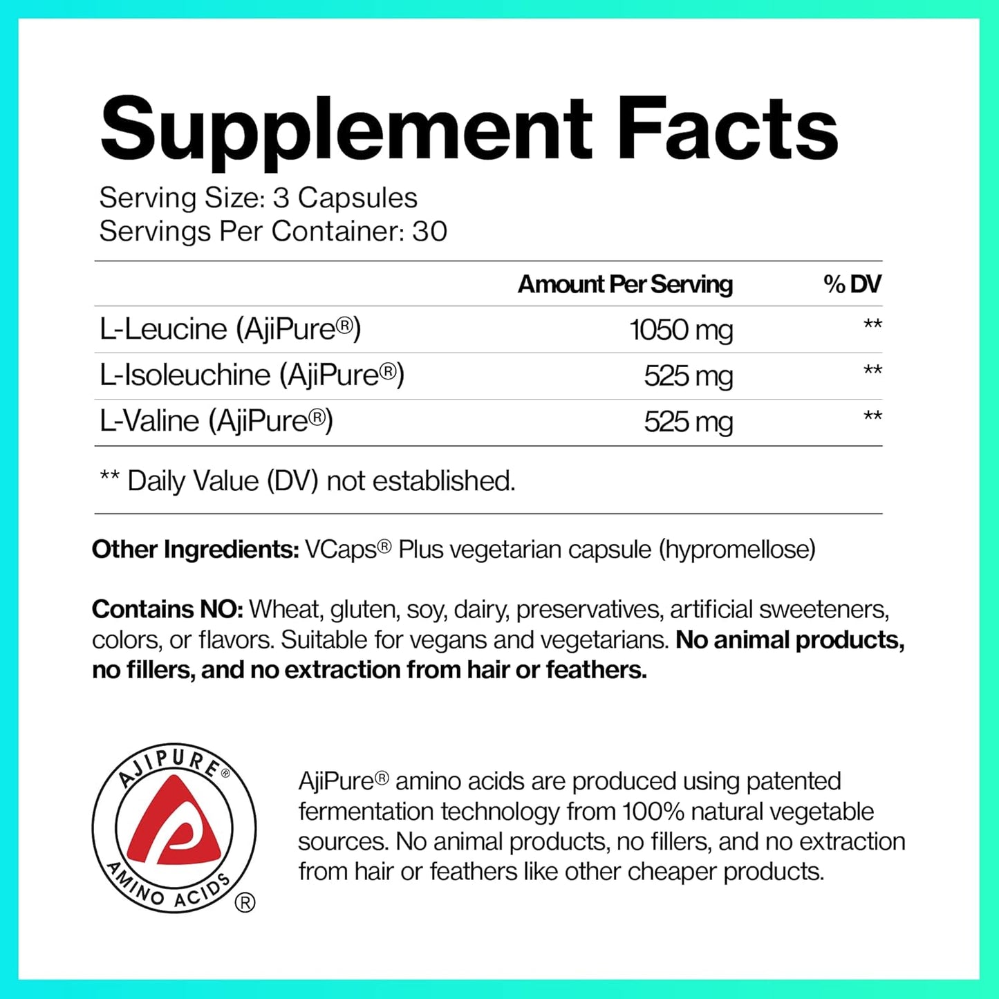 Vegan AjiPure BCAA Capsules - 2100mg Amino Acid Supplement, Keto & Paleo Friendly, Third-Party Tested, 90 Count - #1 on Labdoor