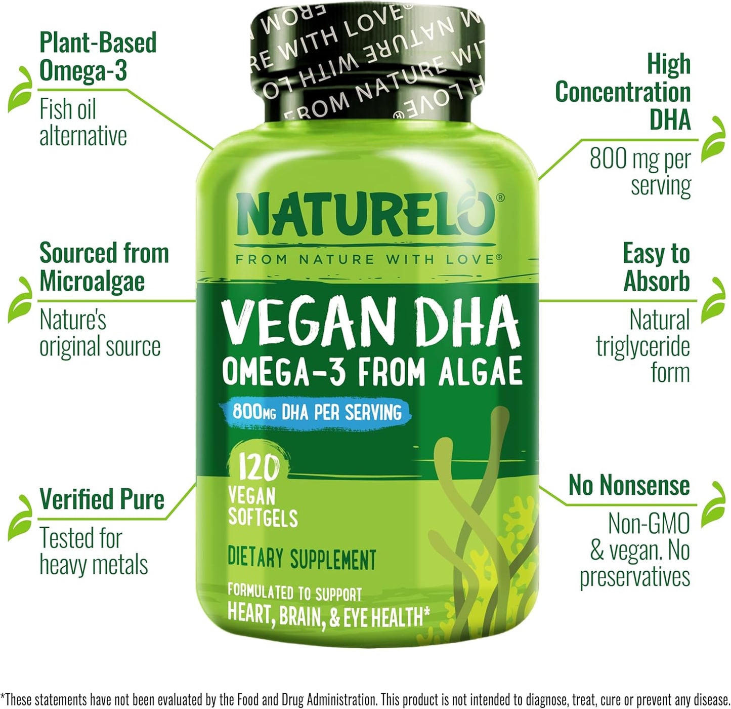 Vegan Algae DHA Omega-3 Supplement for Brain, Heart, Joint, Eye Health - Essential Fatty Acids for Women, Men, Kids - Prenatal Vitamin Complement - 120 Softgels