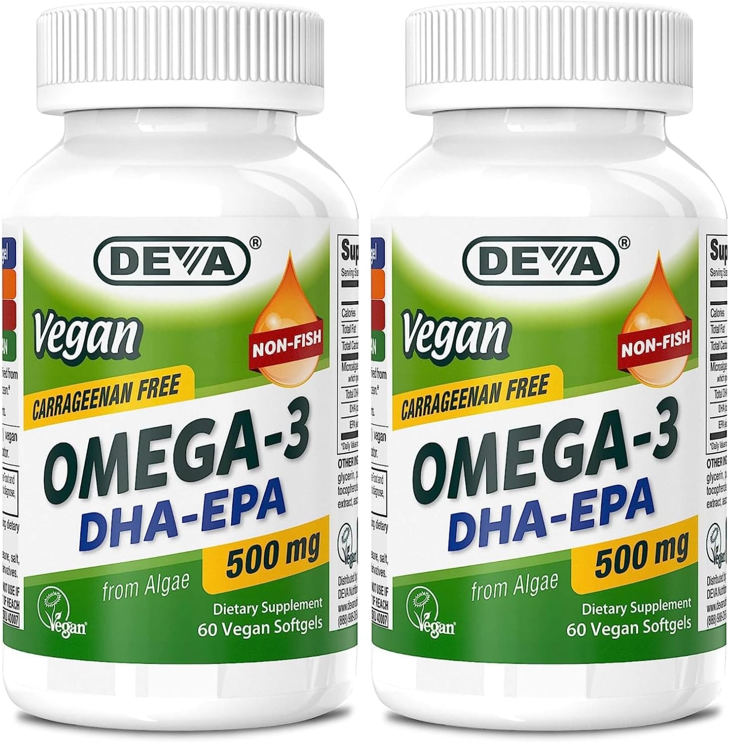 Vegan Algae Oil Omega-3 DHA EPA Supplement Softgels - 500 MG - Carrageenan & Gelatin Free - Non-Fish Source - 60 Softgels (2 Pack)