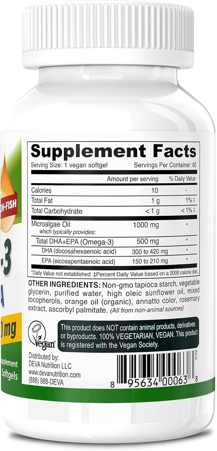 Vegan Algae Oil Omega-3 DHA EPA Supplement Softgels - 500 MG - Carrageenan & Gelatin Free - Non-Fish Source - 60 Softgels (2 Pack)