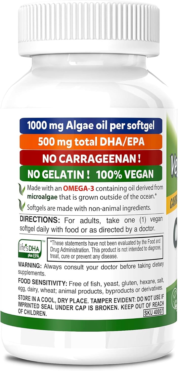 Vegan Algae Oil Omega-3 DHA EPA Supplement Softgels - 500 MG - Carrageenan & Gelatin Free - Non-Fish Source - 60 Softgels (2 Pack)