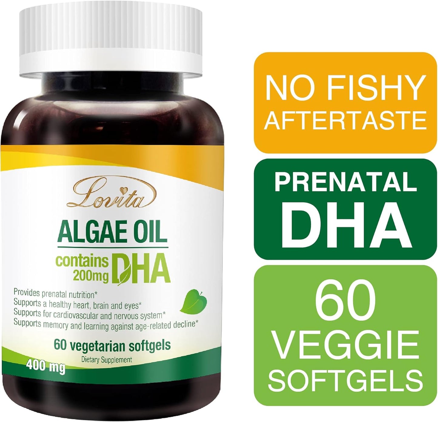 Vegan Algae Oil Softgels with 200mg DHA, Plant-Based Omega 3 Supplement, 60 Vegetarian Capsules