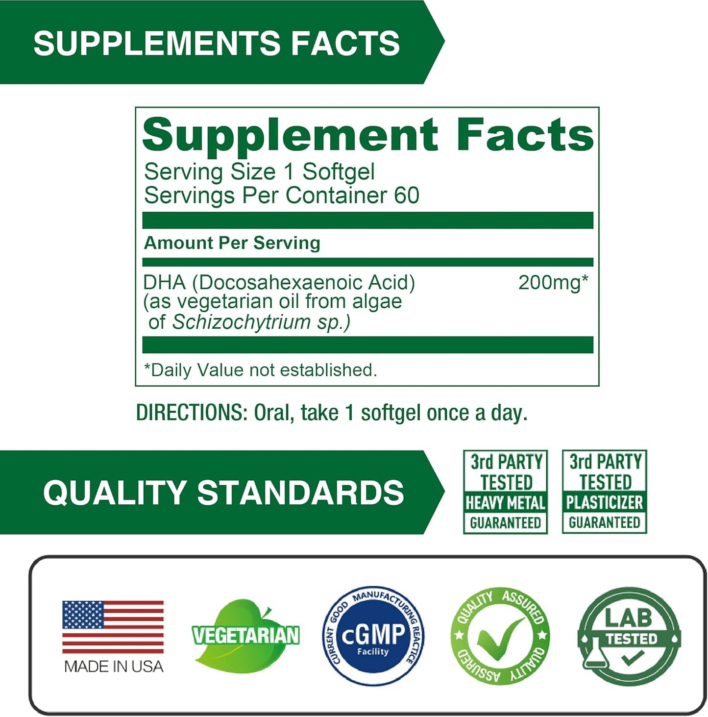 Vegan Algae Oil Softgels with 200mg DHA, Plant-Based Omega 3 Supplement, 60 Vegetarian Capsules