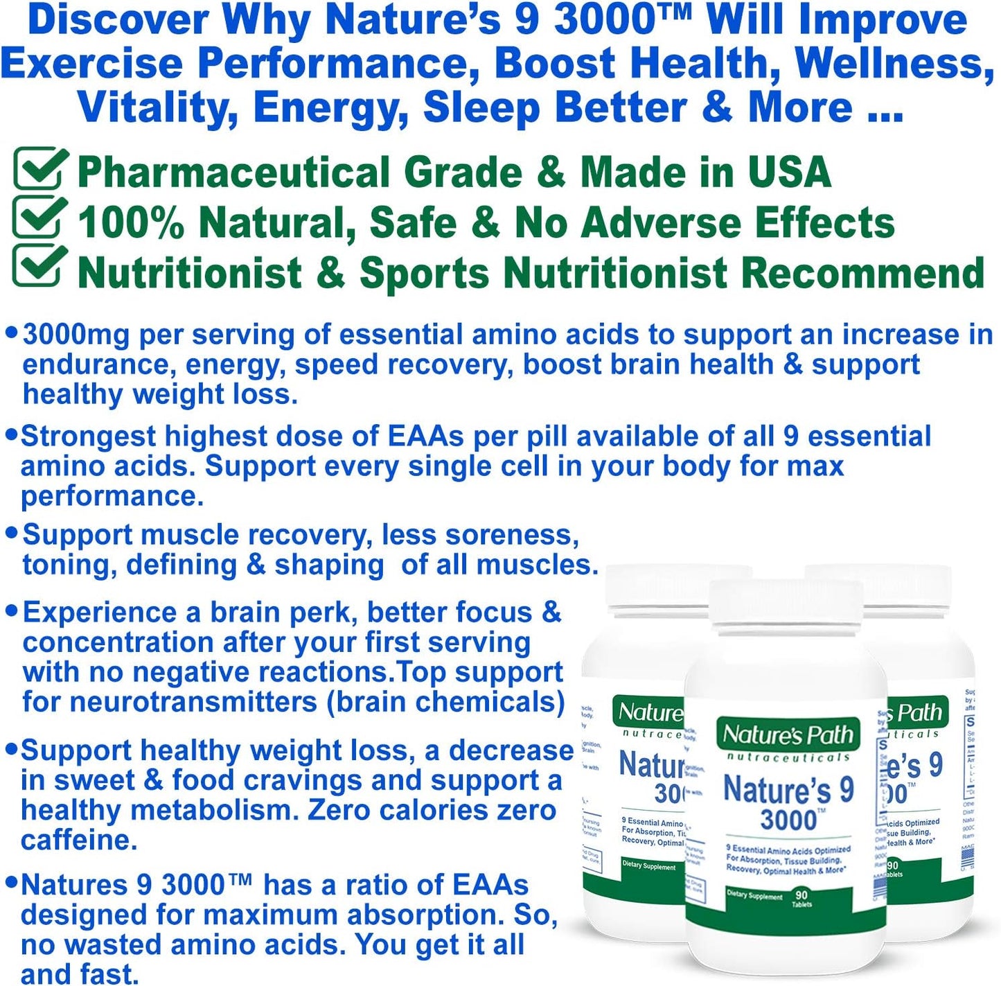 Vegan Aminos 90 Pill Essential Amino Acids Supplement - 3000mg Complex, All 9 EAAs, 1g Per Tablet - Nature's Path Nutraceuticals