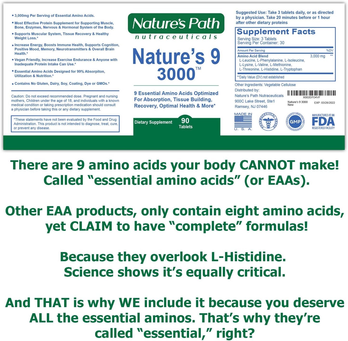 Vegan Aminos 90 Pill Essential Amino Acids Supplement - 3000mg Complex, All 9 EAAs, 1g Per Tablet - Nature's Path Nutraceuticals
