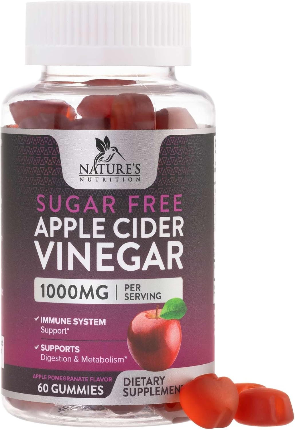 Vegan Apple Cider Vinegar Gummies for Weight Loss & Detox - 1000mg ACV Supplement with Vitamin B12 - Sugar Free, Non-GMO - 60 Gummies