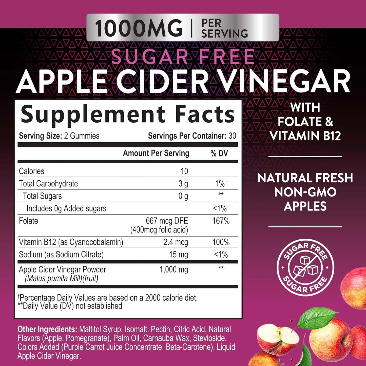 Vegan Apple Cider Vinegar Gummies for Weight Loss & Detox - 1000mg ACV Supplement with Vitamin B12 - Sugar Free, Non-GMO - 60 Gummies
