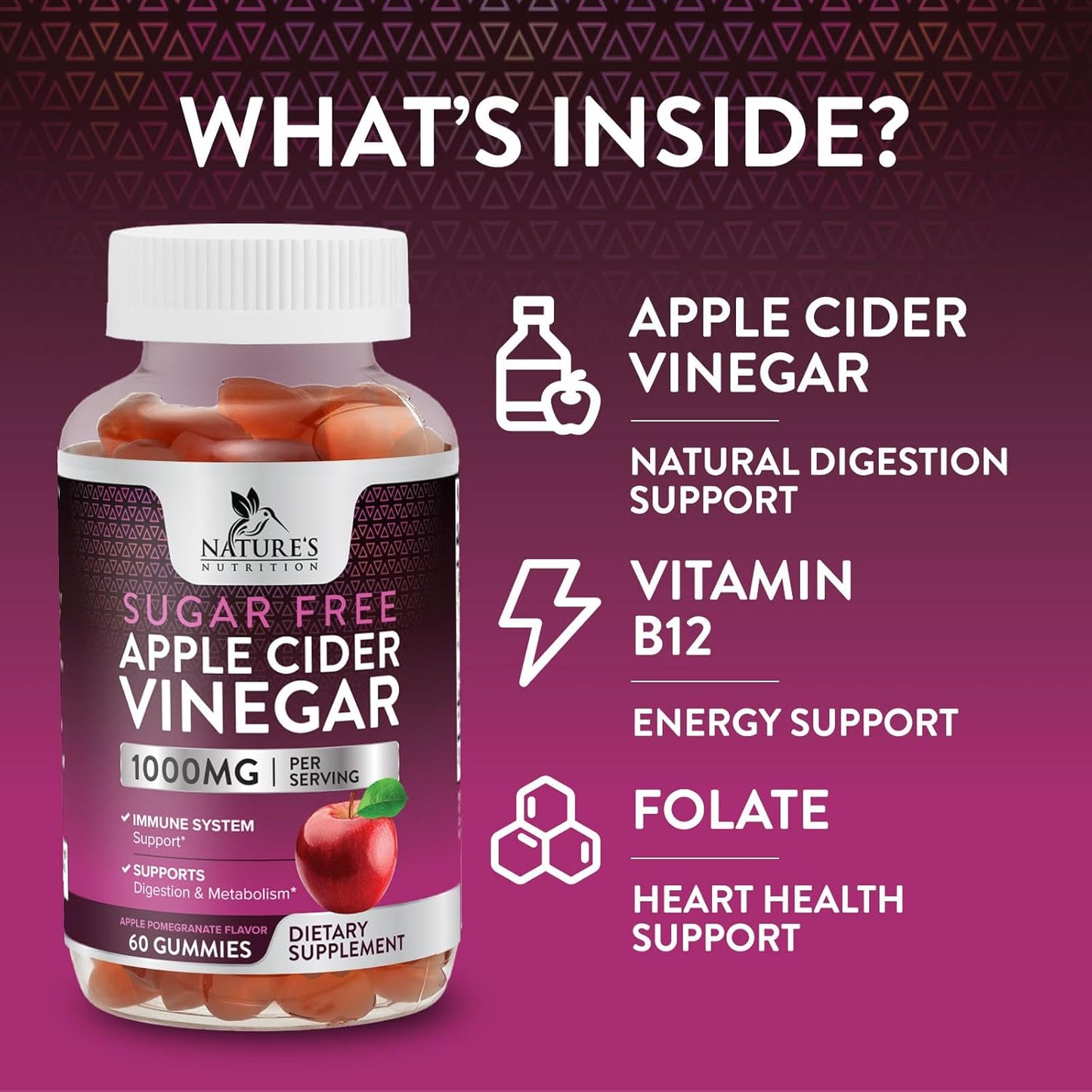 Vegan Apple Cider Vinegar Gummies for Weight Loss & Detox - 1000mg ACV Supplement with Vitamin B12 - Sugar Free, Non-GMO - 60 Gummies