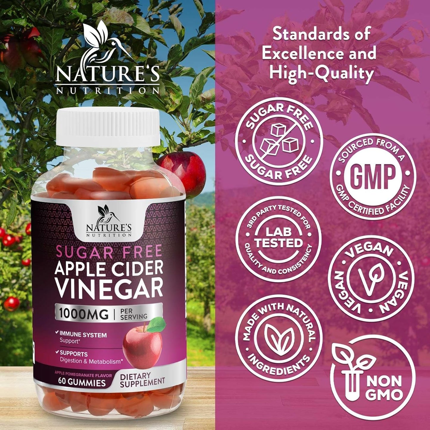 Vegan Apple Cider Vinegar Gummies for Weight Loss & Detox - 1000mg ACV Supplement with Vitamin B12 - Sugar Free, Non-GMO - 60 Gummies