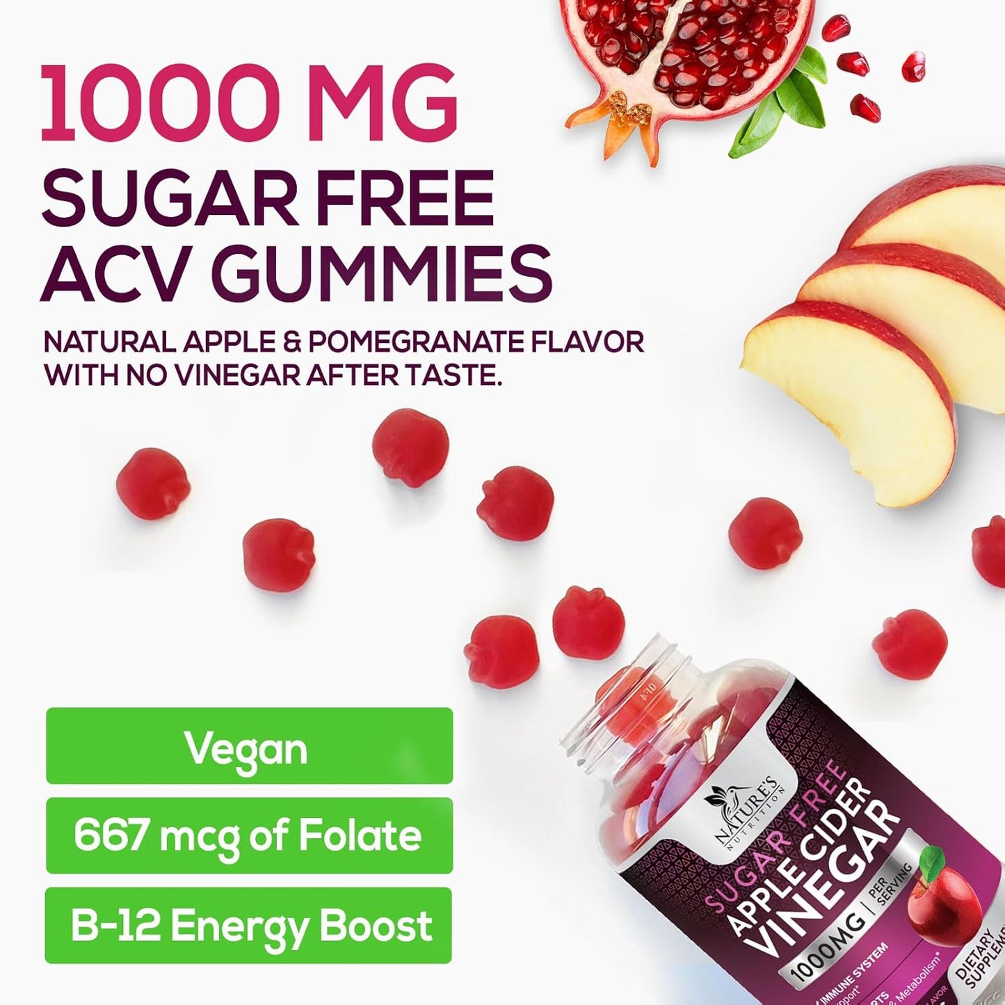 Vegan Apple Cider Vinegar Gummies for Weight Loss & Detox - 1000mg ACV Supplement with Vitamin B12 - Sugar Free, Non-GMO - 60 Gummies