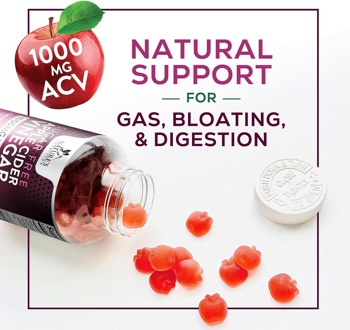 Vegan Apple Cider Vinegar Gummies for Weight Loss & Detox - 1000mg ACV Supplement with Vitamin B12 - Sugar Free, Non-GMO - 60 Gummies